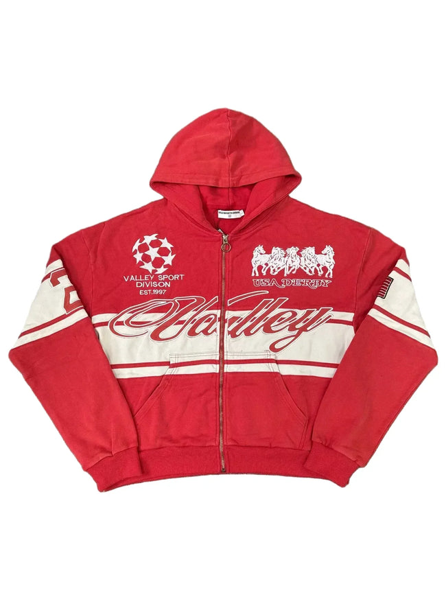 Valley Vintage Racing‑Style Zip‑Up Hoodie, Unisex Red Washed Streetwear Jacket Hover Image
