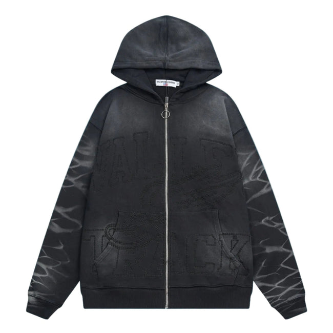 Valley Track Embossed Lightning‑Sleeve Zip‑Up Hoodie, Unisex Black Vintage Streetwear Jacket Hover Image