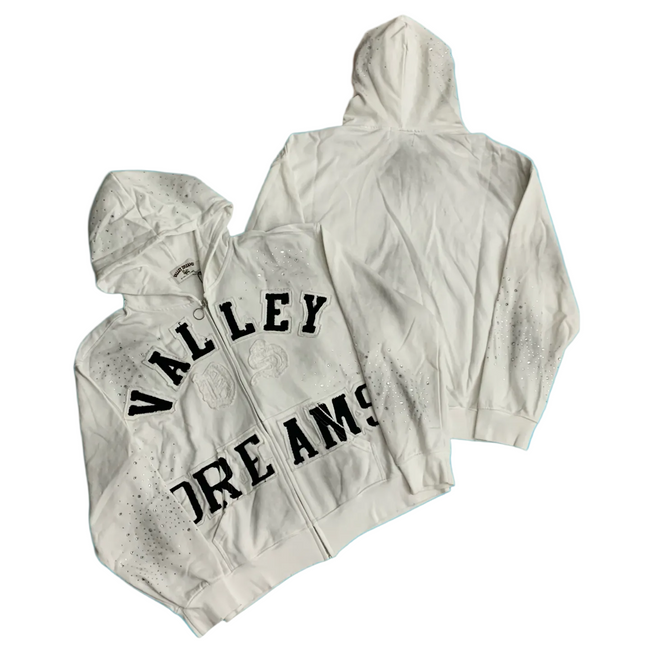 Valley Dreams Splatter Distressed Zip‑Up Hoodie, Unisex Off‑White Vintage Streetwear Jacket Hover Image