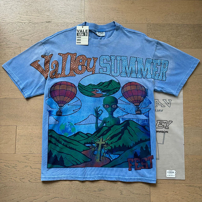 VALEFOREVER Blue Washed Valley Summer Fest Alien Hot Air Balloon Vintage T-Shirt Hover Image