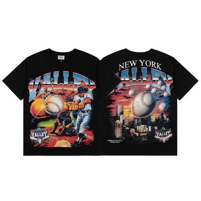 VALEFOREVER Black New York Baseball Double Sided Vintage Graphic Short Sleeve T-Shirt Hover Image