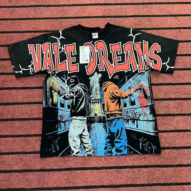 Valleydream Black Street Graffiti Figure Vintage Graphic T-Shirt Hover Image