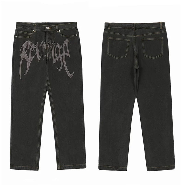 Revenge Vintage Dark Wash Gothic Logo Denim Jeans Hover Image