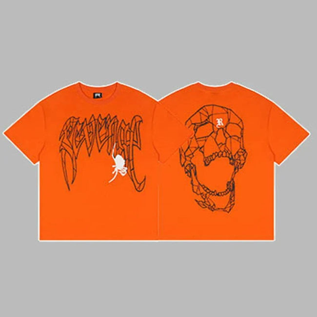 Revenge Arch Logo with Flower & Geometric Shattered Skull Graphic Short Sleeve T-Shirt Orange Hover Image