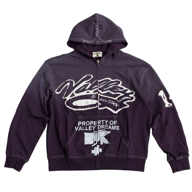 Valley Dreams Property‑Of Purple Zip‑Up Hoodie, Unisex Vintage Streetwear Jacket Hover Image