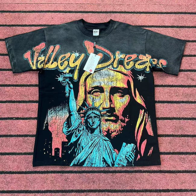 Valleydream Black Washed Portrait Statue Liberty Vintage T-Shirt Hover Image