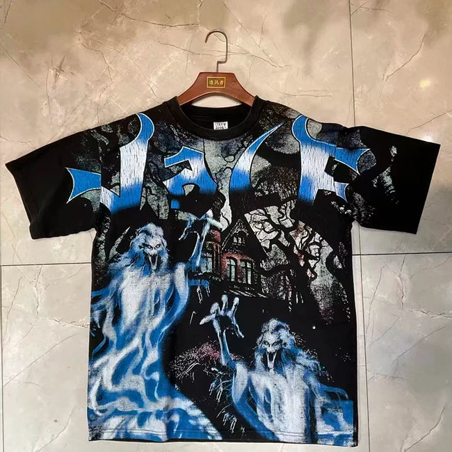 Valleydream Black Blue Flame Ghost Horror Vintage Graphic T-Shirt Hover Image