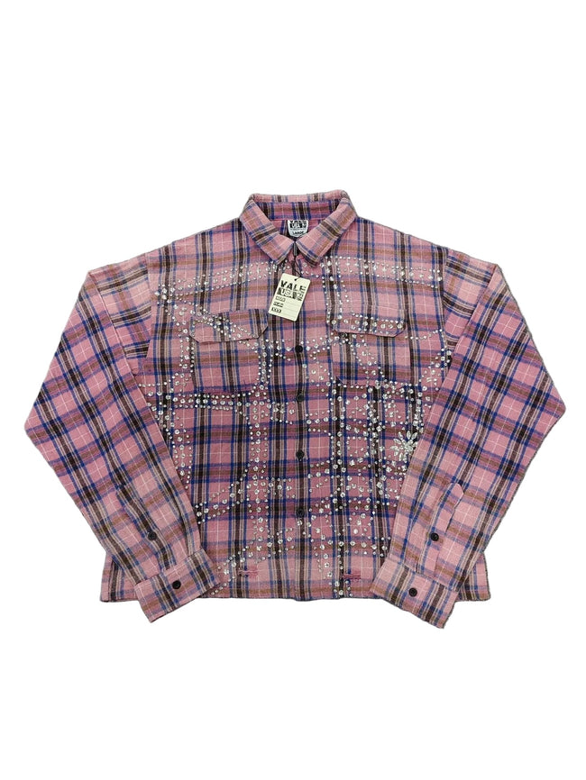 Vale Pastel Pink Checkered Crystal-Accent Button-Down Hover Image