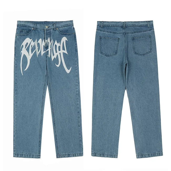 Revenge Vintage Blue Wash Gothic Logo Denim Jeans Hover Image