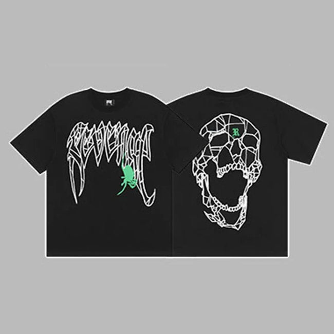 Revenge Arch Logo with Flower & Geometric Shattered Skull Graphic Short Sleeve T-Shirt Black Hover Image