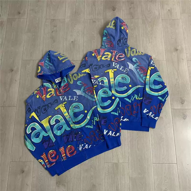 VALEFOREVER Blue All Over Graffiti Print Zip Up Hoodie Hover Image