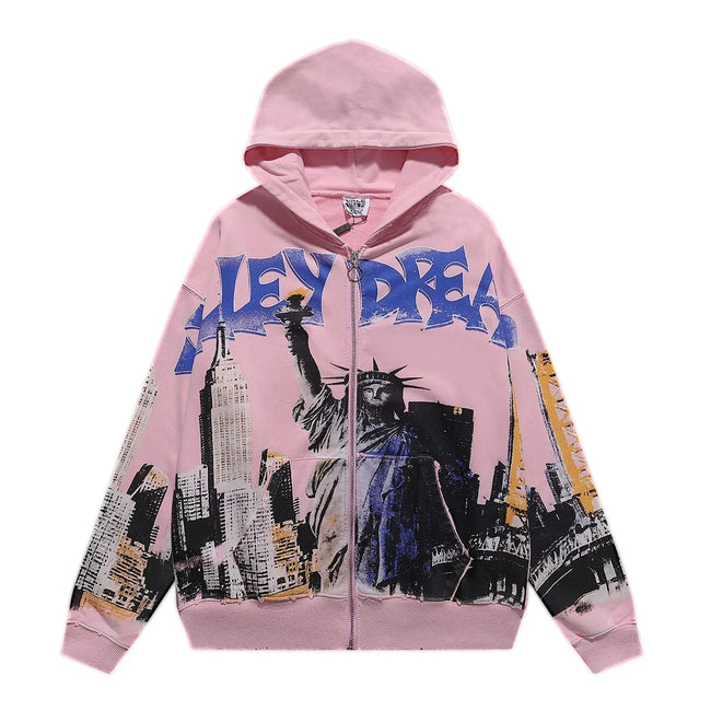 VALEFOREVER Pink Statue of Liberty Cityscape Zip Hoodie Hover Image