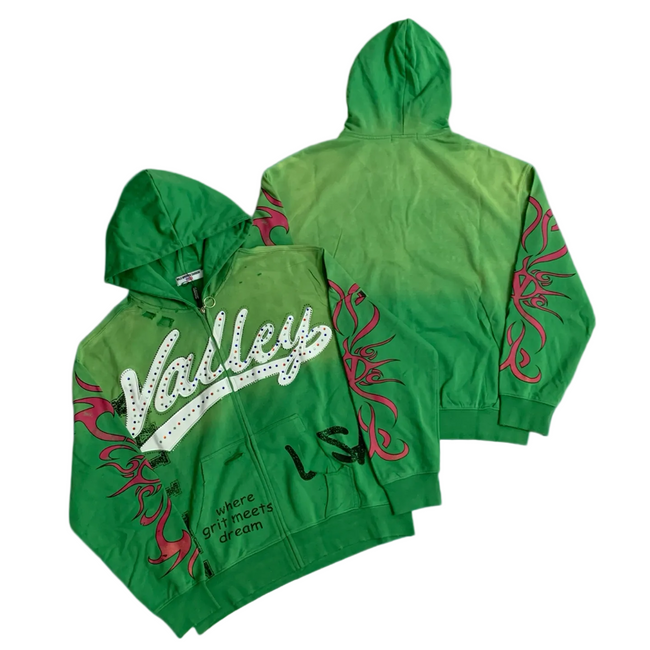 Valley Rhinestone‑Script Tribal‑Sleeve Zip‑Up Hoodie, Unisex Green Vintage Streetwear Jacket Hover Image