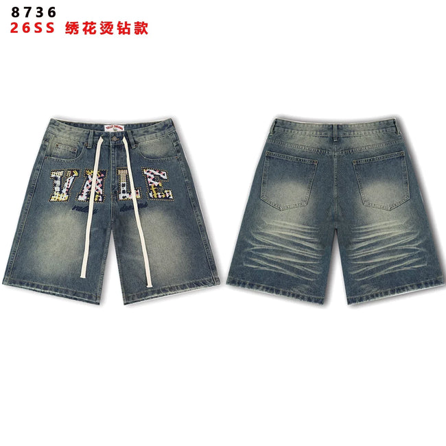 VALEFOREVER Vintage Blue Denim Shorts with Two-Tone Print Hover Image