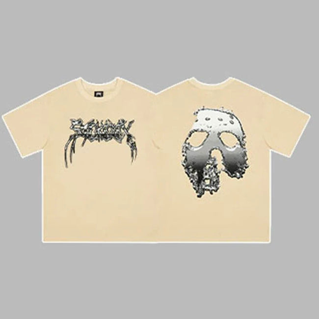 Revenge Silver Arch Logo & Hockey Mask Graphic Short Sleeve T-Shirt Beige Hover Image