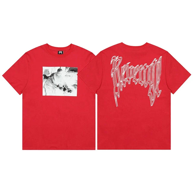 Revenge White Arch Logo & Photo Graphic Short Sleeve T-Shirt (Red) Hover Image