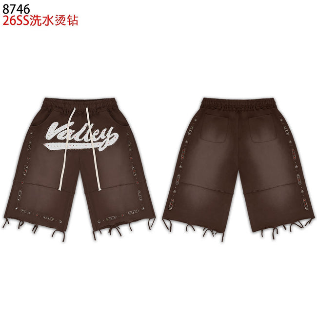 VALEFOREVER Brown Washed Rhinestone Shorts with Script Logo & Fringe Hem Hover Image