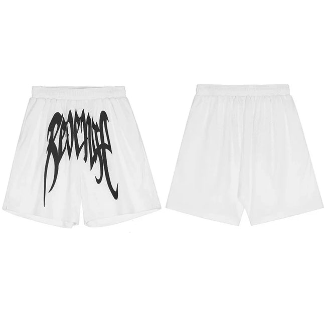 Revenge Gothic Logo Mesh Athletic Shorts - White Hover Image