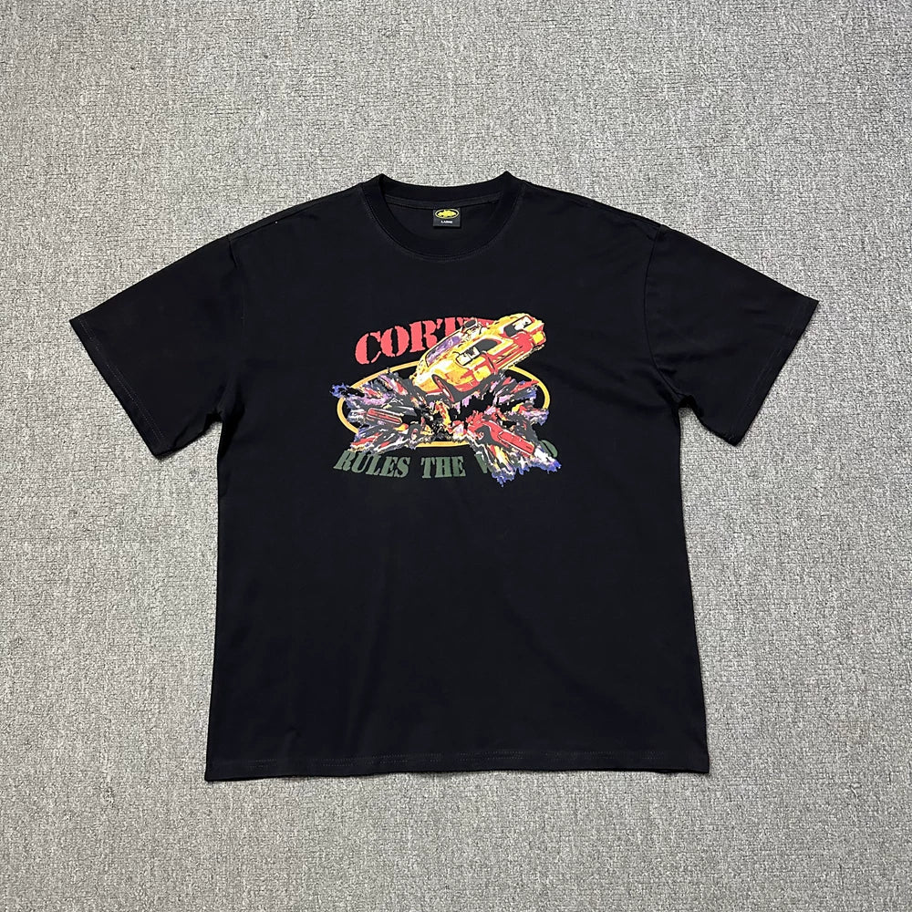 Corteiz “Rules The World” Racing Car Graphic Black T-Shirt — Retro Automotive Print on Oversized Streetwear Tee