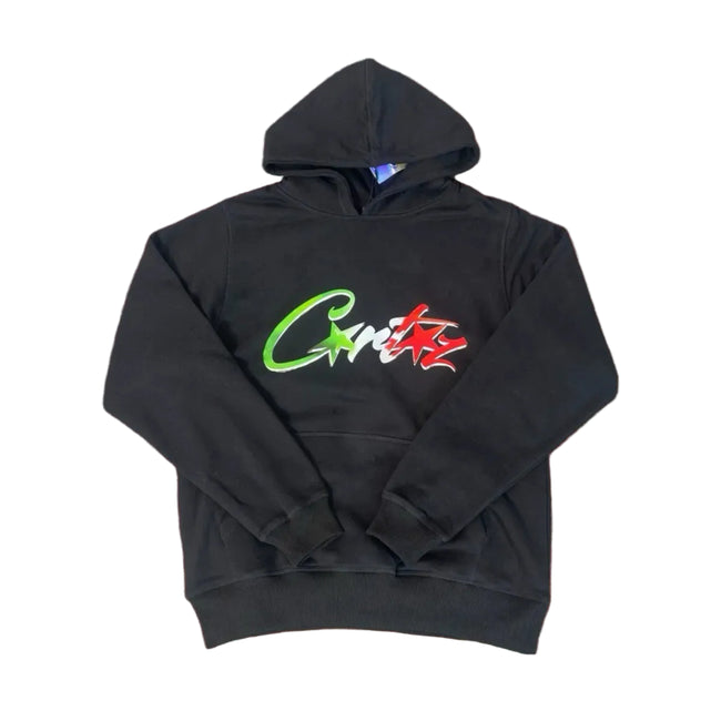 Corteiz “C-Logo” Black Hoodie — Colorful Star Graphic on Oversized Streetwear Pullover Hover Image