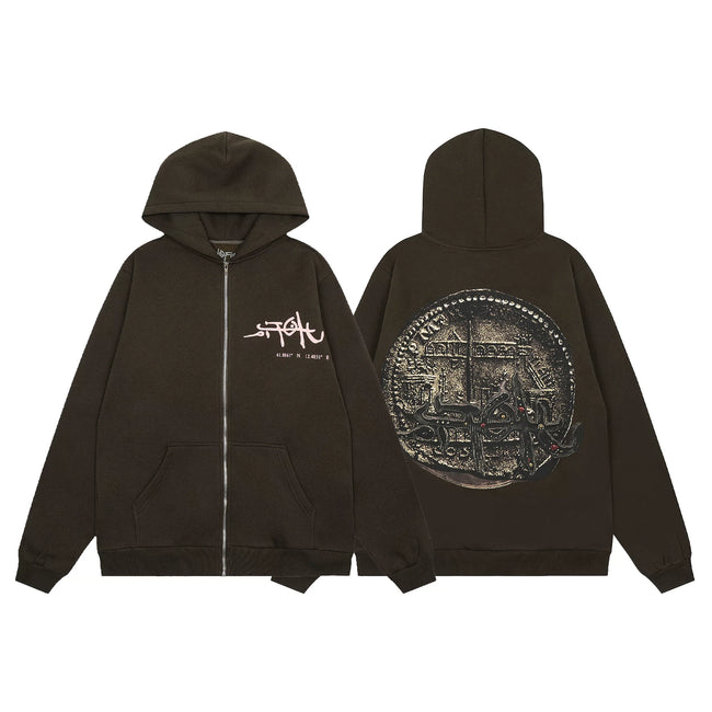 Streetwear Vintage Coin Graphic Full-Zip Hoodie - Coffee Brown Hover Image