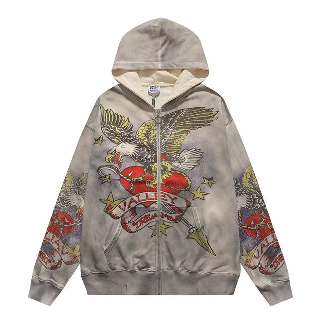 VALEFOREVER Washed Grey Eagle Graphic Zip Up Hoodie Hover Image