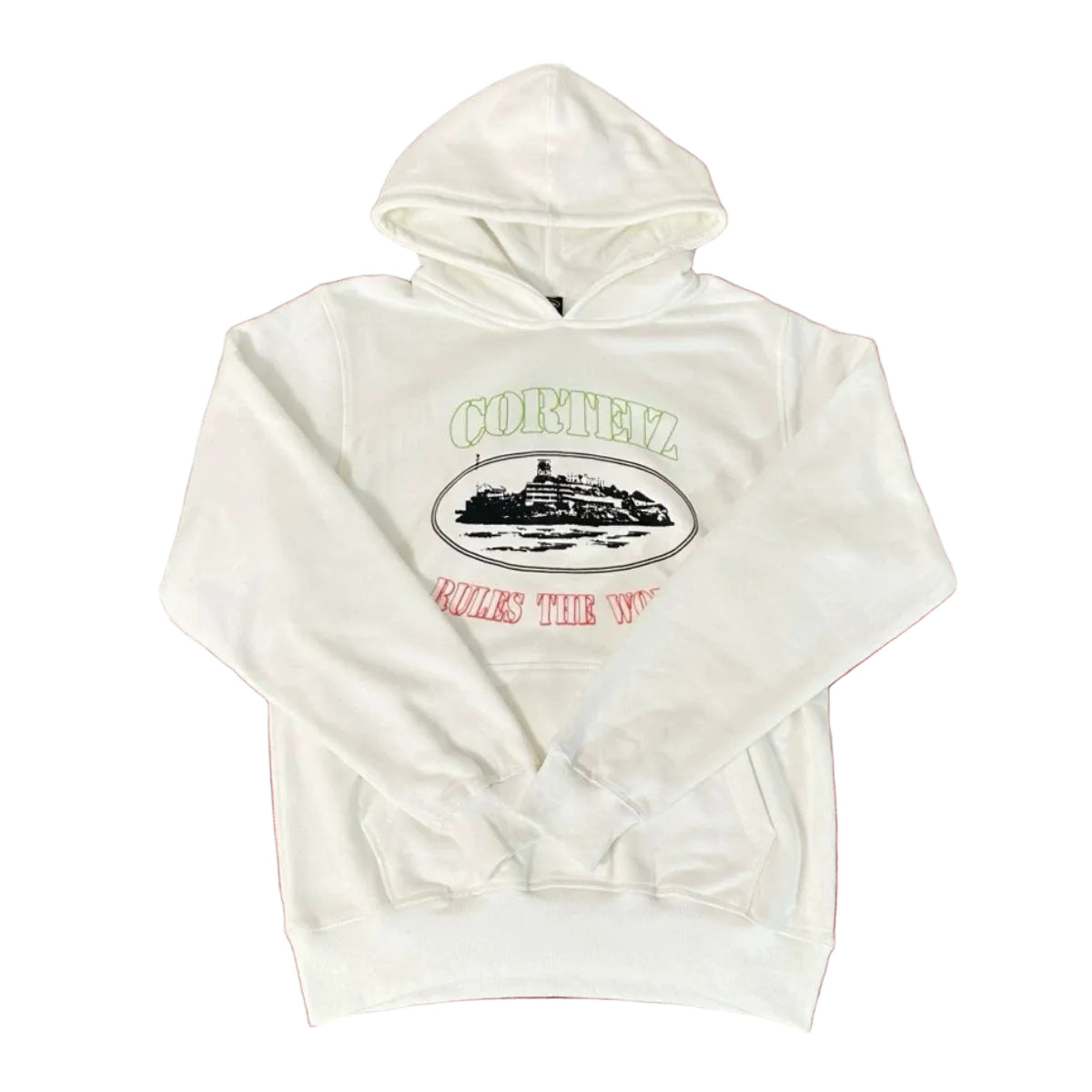 Corteiz “Alcatraz” Off-White Hoodie — Vintage Island Graphic on Oversized Streetwear Pullover