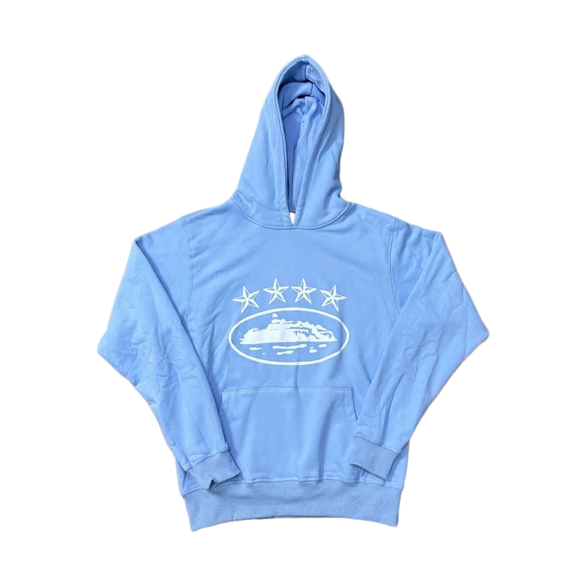 Sky Blue Vintage Star Graphic Hoodie – Oversized Streetwear Pullover Sweatshirt