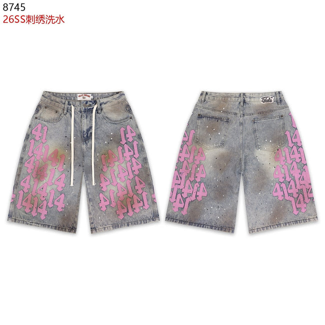 VALEFOREVER Vintage Washed Denim Shorts with Pink 41 Embroidery Print Hover Image