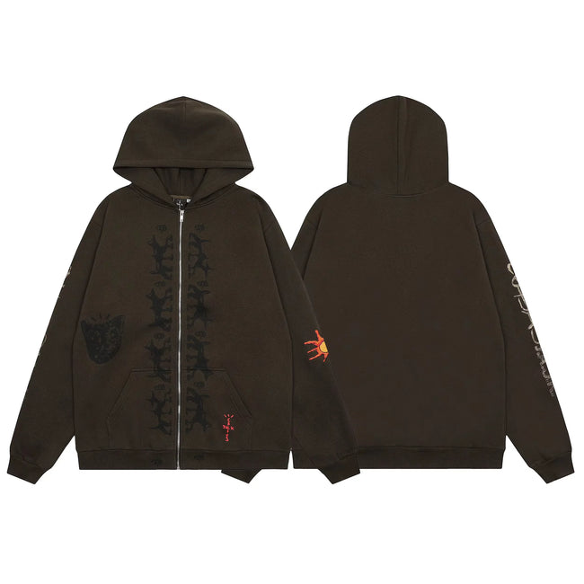 Streetwear Vintage Tapestry Zip-Up Hoodie - Dark Brown Hover Image