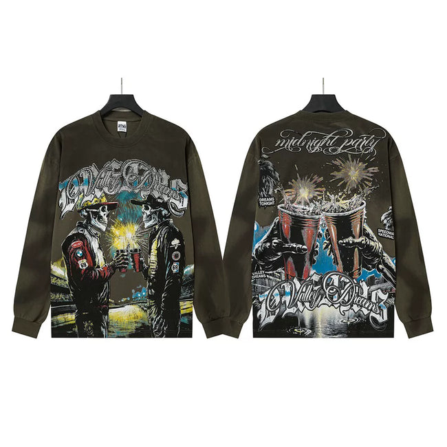 VALLEYDREAM Olive Green Vintage Figure Collage Graphic Long Sleeve T-Shirt Hover Image