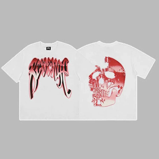 Revenge Red & Silver Gradient Arch Logo & Broken Skull Graphic Short Sleeve T-Shirt White Hover Image