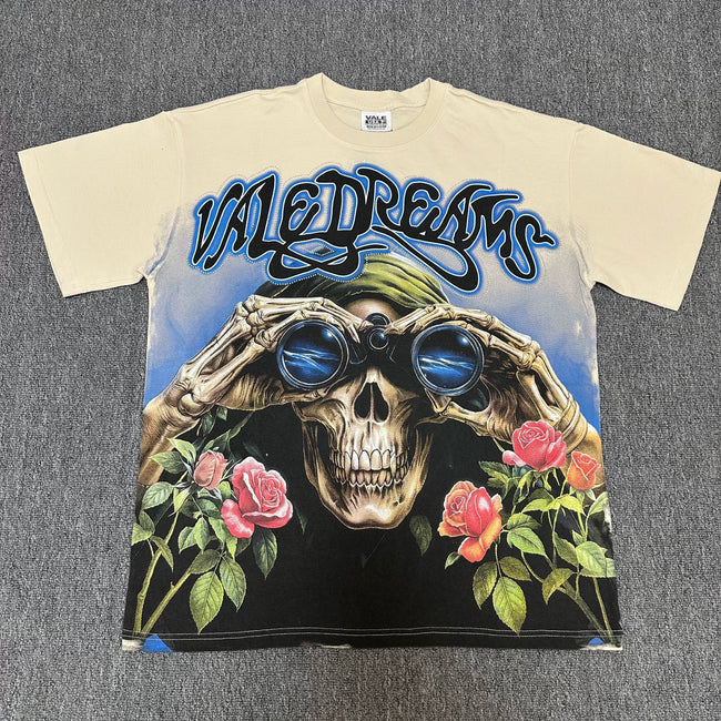VALEFOREVER Cream Skull Rose Binocular Vintage Graphic Short Sleeve T-Shirt Hover Image