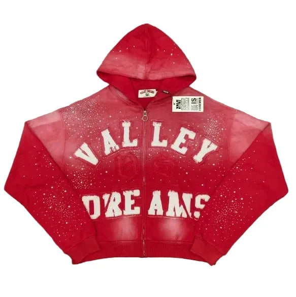 Valley Dreams Rhinestone Zip‑Up Cropped Hoodie, Unisex Red Washed Streetwear Jacket Hover Image