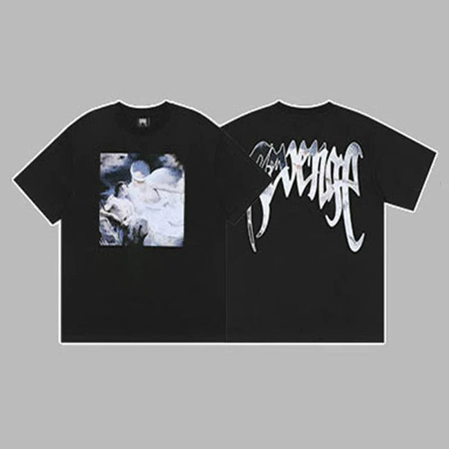 Revenge Silver & Blue Gradient Arch Logo & Classical Art Photo Graphic Short Sleeve T-Shirt Black Hover Image