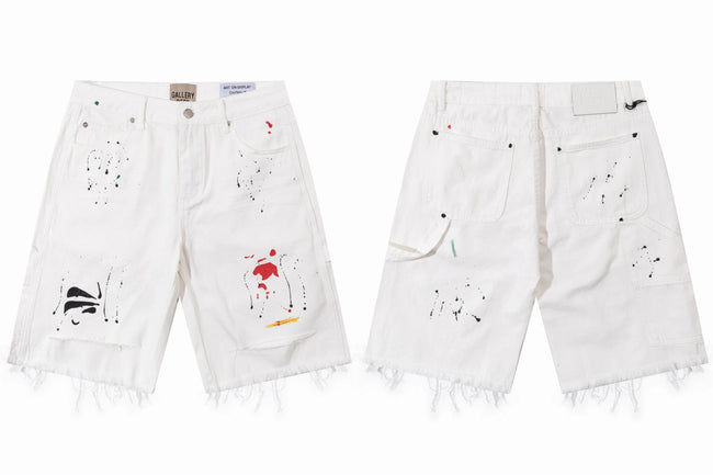 Gallery Dept. Raw-Edge Distressed Paint Splatter Denim Shorts - White Hover Image