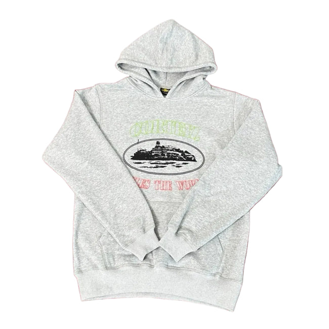 Corteiz “Alcatraz” Heather Grey Hoodie — Vintage Island Graphic on Oversized Streetwear Pullover Hover Image