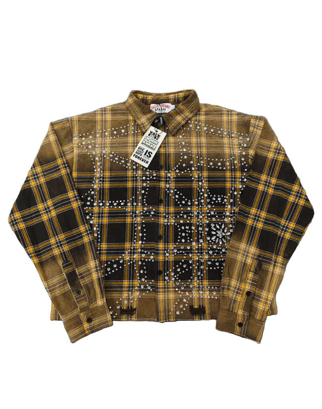 Vale Mustard Yellow & Black Grid Embellished Work Shirt Hover Image