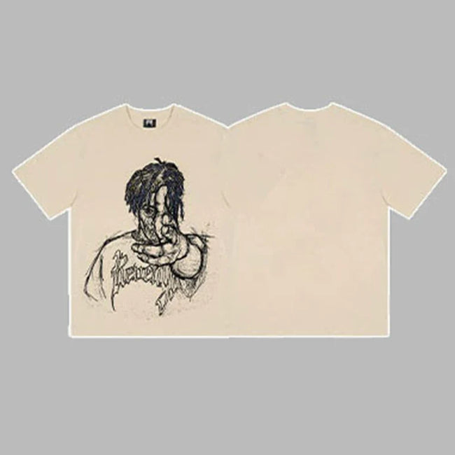 Revenge Pointing Portrait Graphic Short Sleeve T-Shirt Beige Hover Image