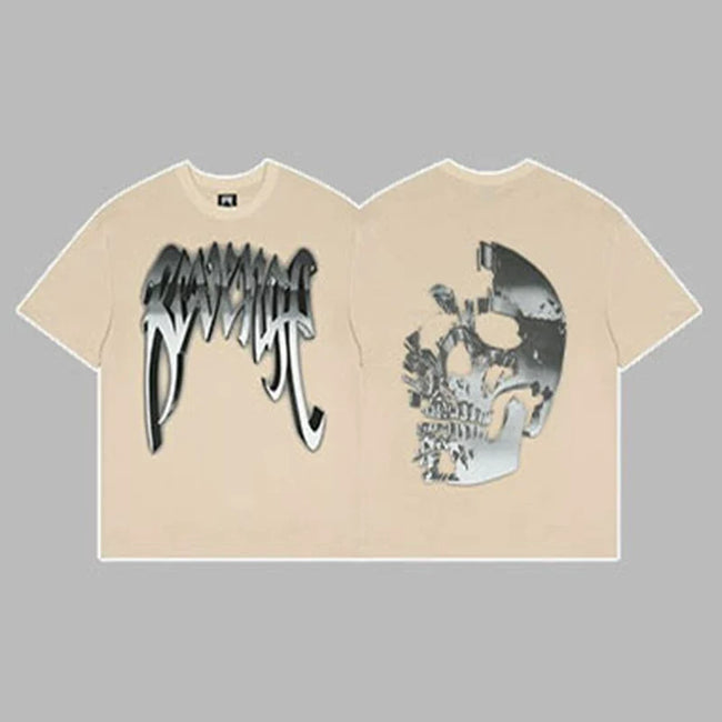 Revenge Silver Metallic Arch Logo & Skull Graphic Short Sleeve T-Shirt (Beige) Hover Image