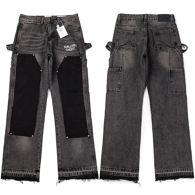 Gallery Dept. Contrast Knee Patch Distressed Black Denim Cargo Jeans Hover Image