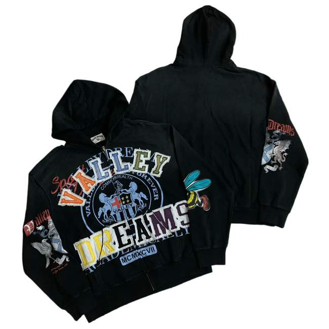 Valley Dreams Crest Bee Graphic Zip‑Up Hoodie, Unisex Black Vintage Streetwear Jacket Hover Image