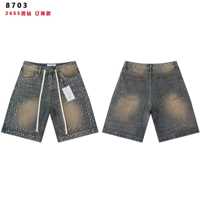 VALEFOREVER Vintage Brown Washed Denim Shorts Full Rhinestone Studded Hover Image