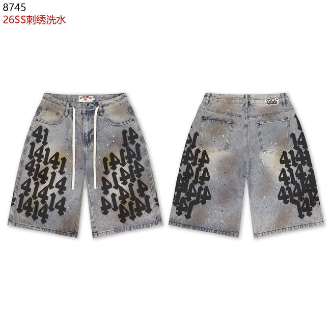 VALEFOREVER Vintage Washed Denim Shorts with Black 41 Embroidery Print Hover Image