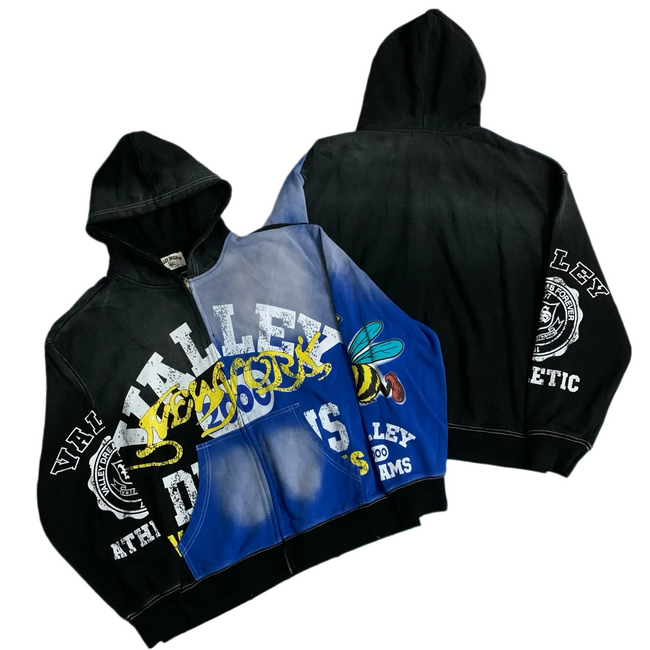 Valley New‑York Bee Patchwork Zip‑Up Hoodie, Unisex Black‑Blue Vintage Streetwear Jacket Hover Image