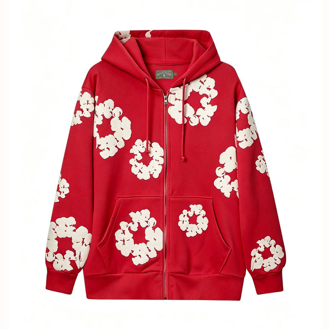 Denim Tears Cotton Wreath Full Zip-Up Hoodie - Red Hover Image