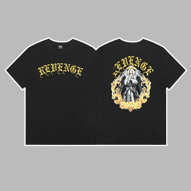 Revenge Yellow Arch Logo & Religious Angel Graphic Short Sleeve T-Shirt (Black) Hover Image