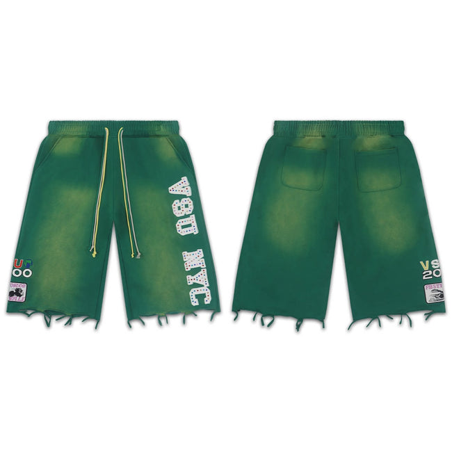 VALEFOREVER Green Washed Denim Shorts with White Graphic Print Hover Image