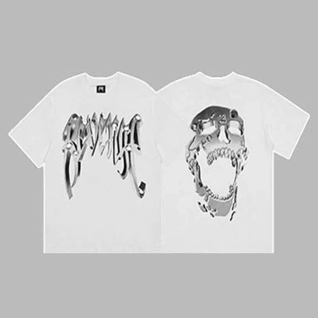 Revenge Silver Metallic Arch Logo & Skull Graphic Short Sleeve T-Shirt (White) Hover Image