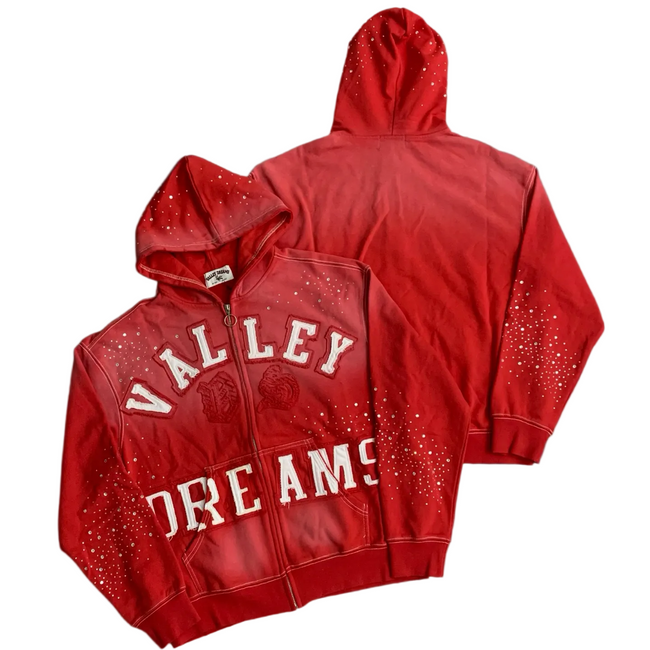 Valley Dreams Rhinestone‑Splatter Zip‑Up Hoodie, Unisex Red Vintage Streetwear Jacket Hover Image